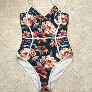 Cupshe Floral One-Piece Swimsuit in Navy with Pink & Orange Blooms